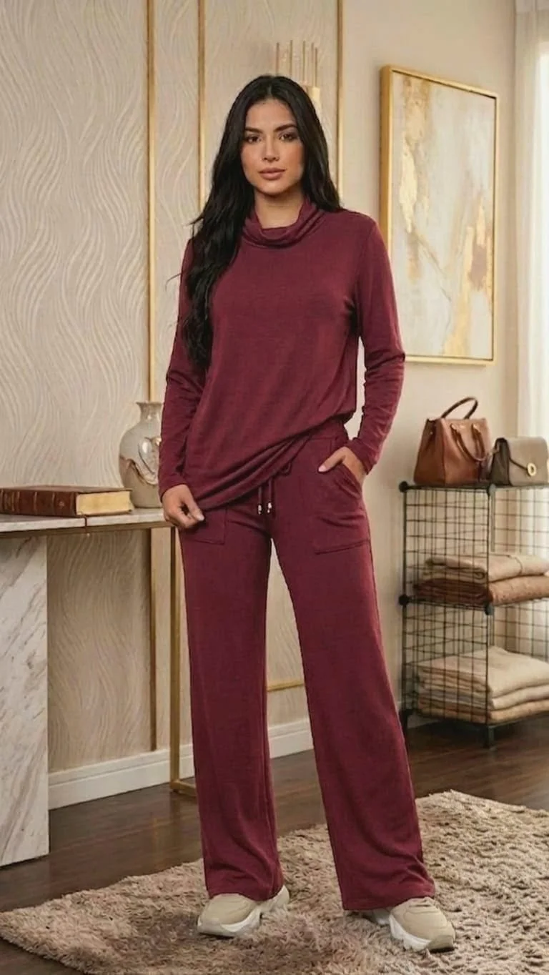 Modelo vestindo conjunto confortável bordô de manga longa e calça