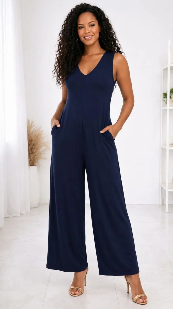 Modelo vestindo macacão azul marinho sem mangas decote V com bolsos